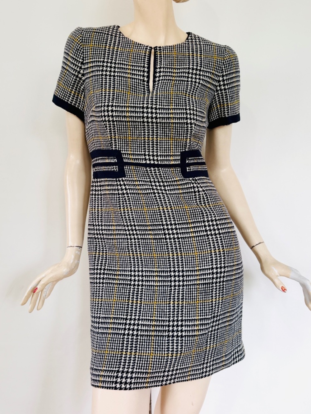 Boden Navy, White & Yellow Plaid Short Sleeve Sheath Dress